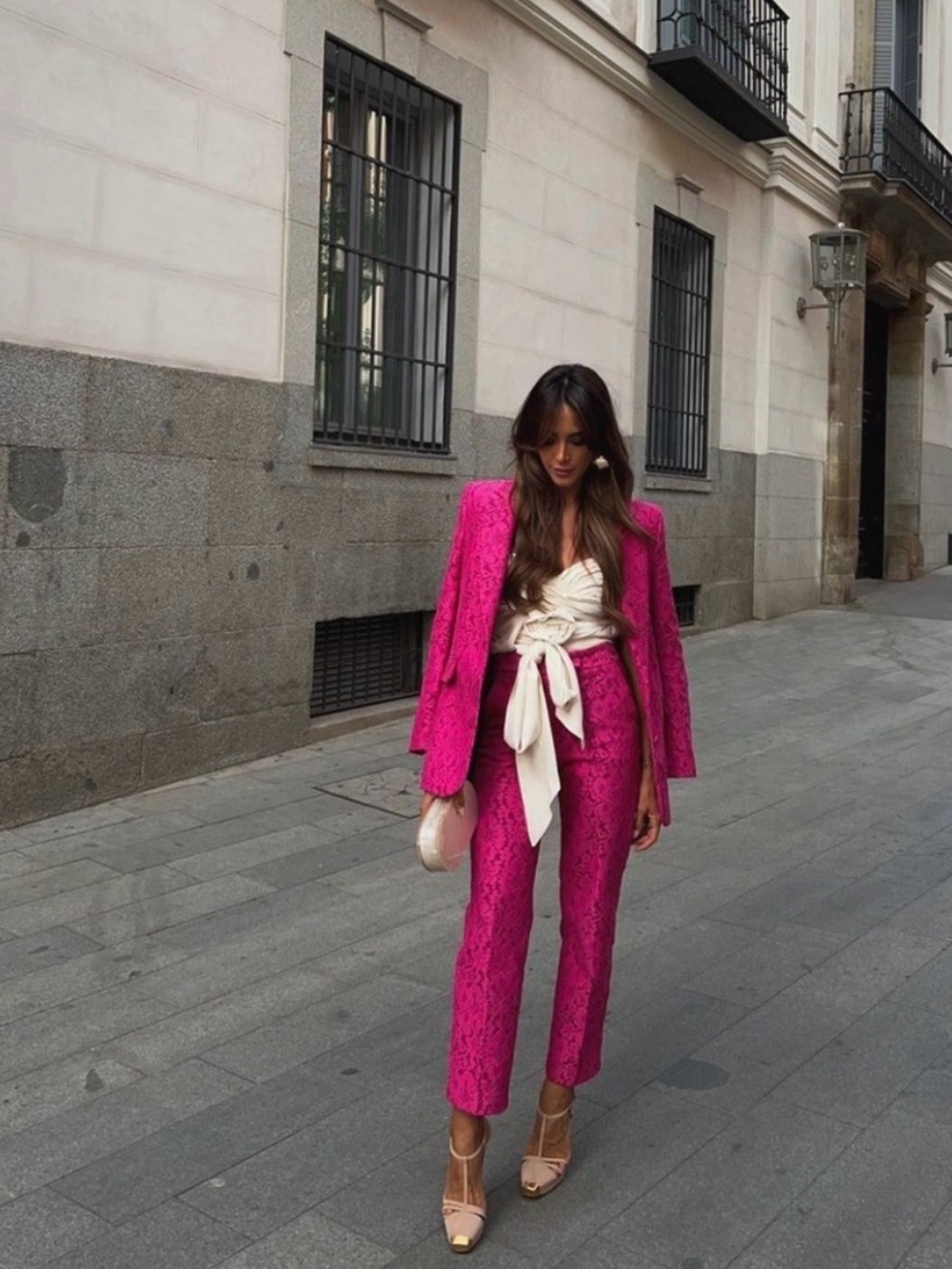 Zara Hot Pink Lace Blazer and Trousers Set S